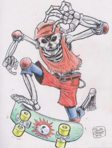 drawing of a skeleton on a skateboard, wearing orange gear