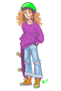 drawing of a preteen girl with curly red hair. She's wearing a purple sweater, bright green helmet, red tennis shoes, and blue jeans, and is carrying a skateboard