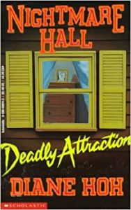 cover for Deadly Attraction by Diane Hoh, has a window with yellow shutters on the front, looking into a bedroom with a dresser and a clock
