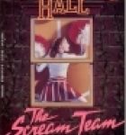 cover of Diane Hoh's Scream Team, top cover is brick building with a window cutout that shows a girl in a cheerleading uniform collapsed on the floor