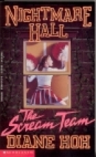 cover of Diane Hoh's Scream Team, top cover is brick building with a window cutout that shows a girl in a cheerleading uniform collapsed on the floor