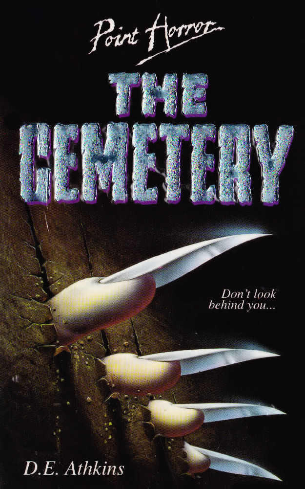 cover of The Cemetery by D. E. Athkins, has four fingers coming out of dirt with long, sharp silver nails