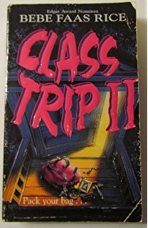 Cover of Class Trip 2 by Bebe Faas Rice, shows an open door and a traveling bag on a porch in a sliver of light